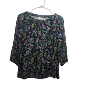 J Jill Womens Sz PXS Navy Multicolor Bird Print Top Lenzing Shirt Nature Flora